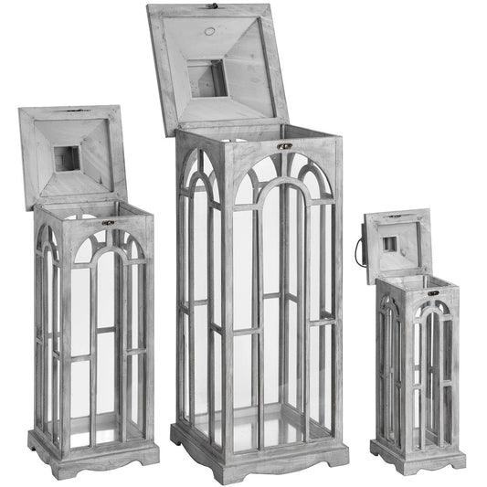 Set Of 3 Wooden Lanterns With Archway Design