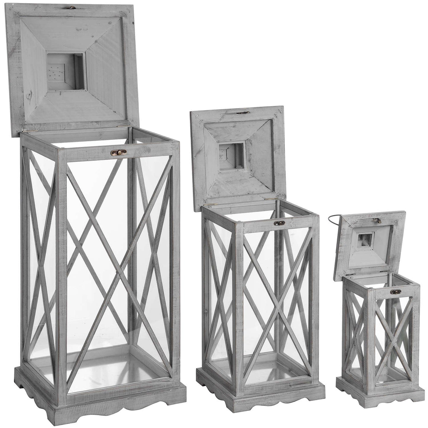 Set Of 3 Wooden Lanterns With Traditional Cross Section