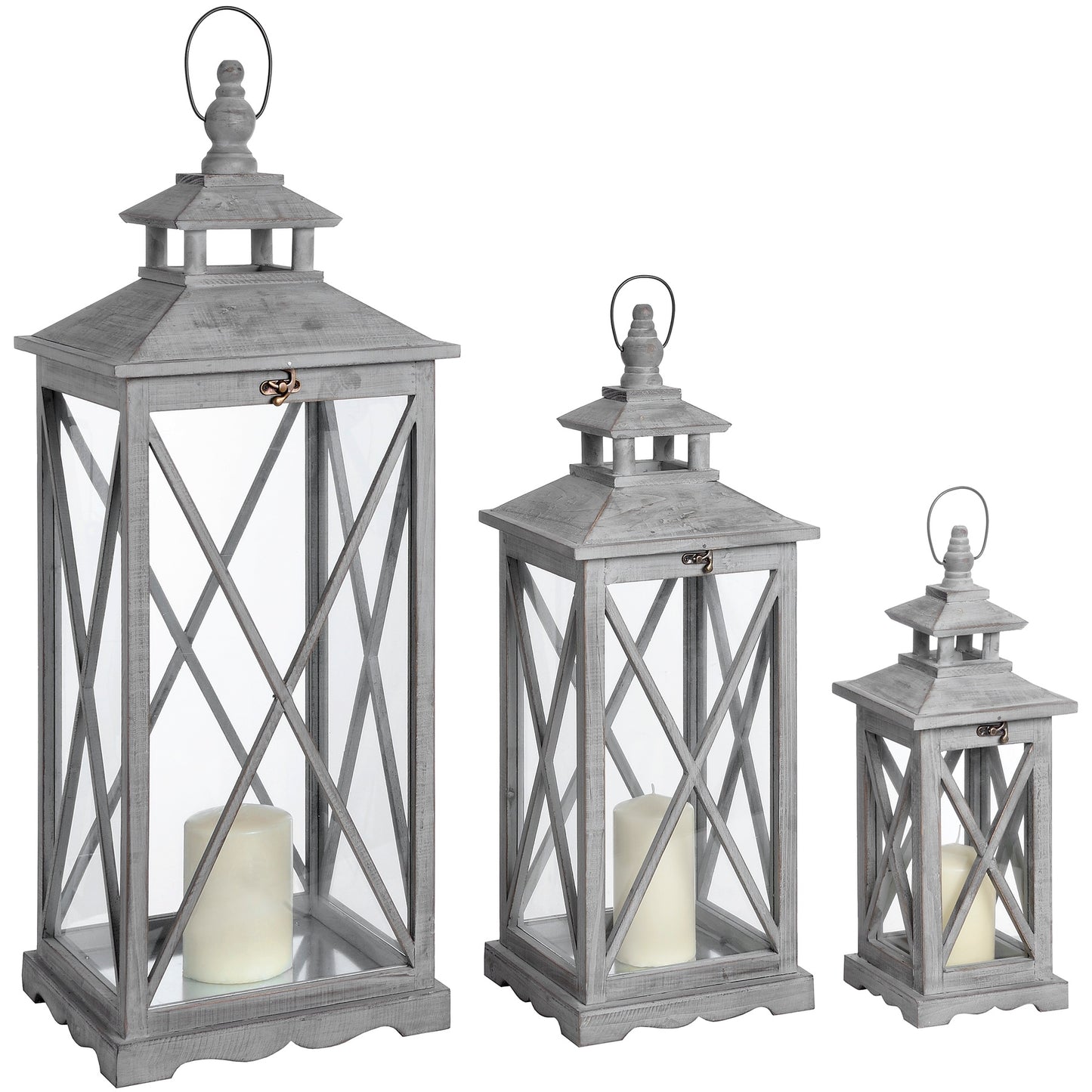 Set Of 3 Wooden Lanterns With Traditional Cross Section