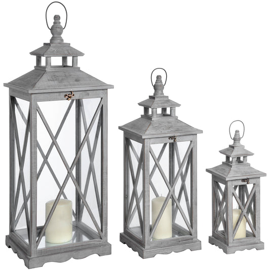 Set Of 3 Wooden Lanterns With Traditional Cross Section