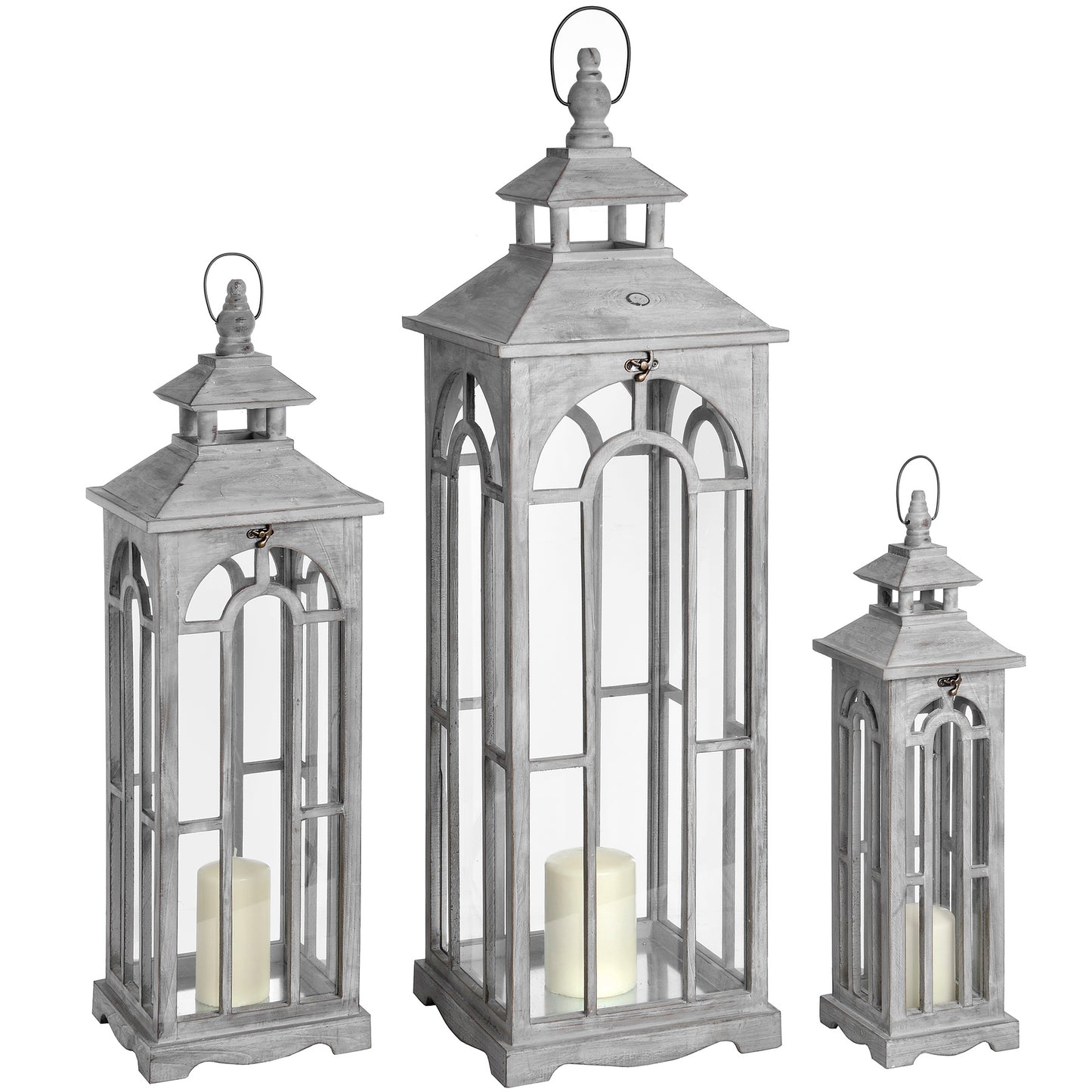 Set Of 3 Wooden Lanterns With Archway Design