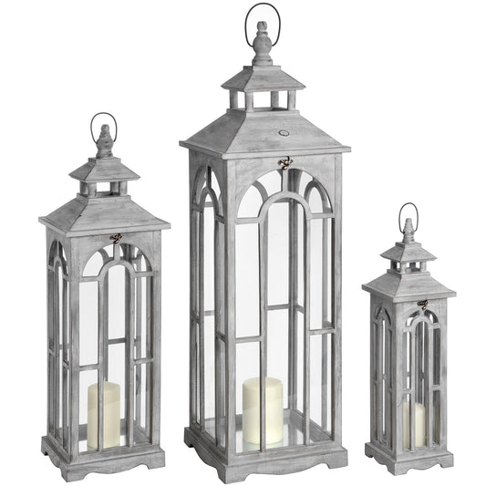 Set Of 3 Wooden Lanterns With Archway Design