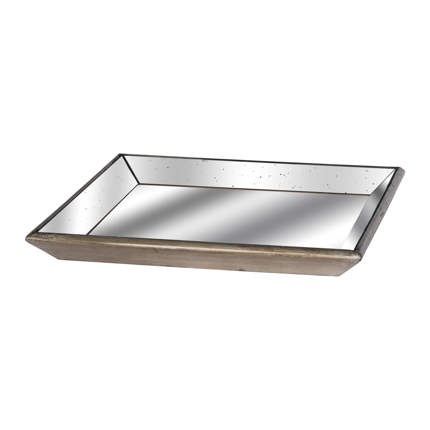 Distressed Mirrored Square Tray With Wooden Detailing Large