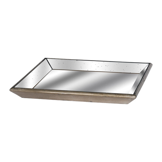 Distressed Mirrored Square Tray With Wooden Detailing Large