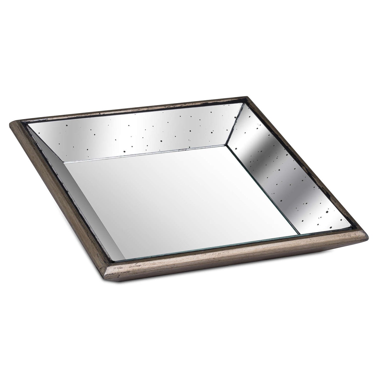 Distressed Mirrored Square Tray With Wooden Detailing Small