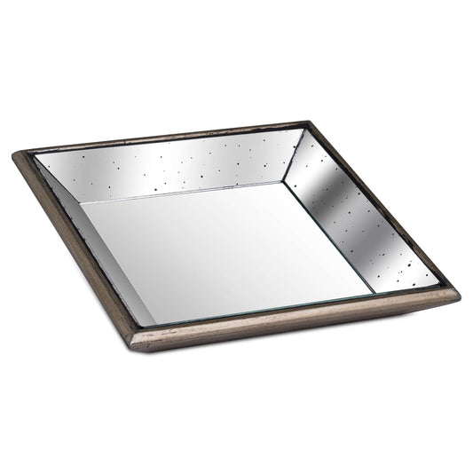 Distressed Mirrored Square Tray With Wooden Detailing Small