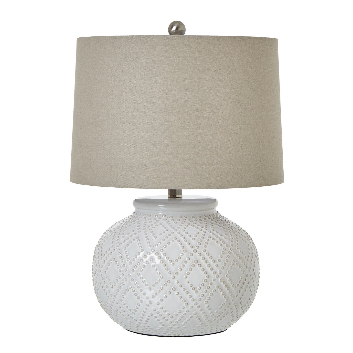 White Beaded Ceramic Lamp With Linen Shade