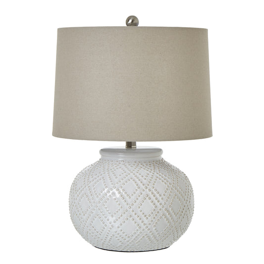 White Beaded Ceramic Lamp With Linen Shade